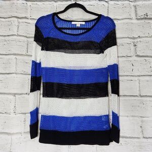 Boston Proper Women Striped Black Blue White Open Knit Pullover Sweater Small